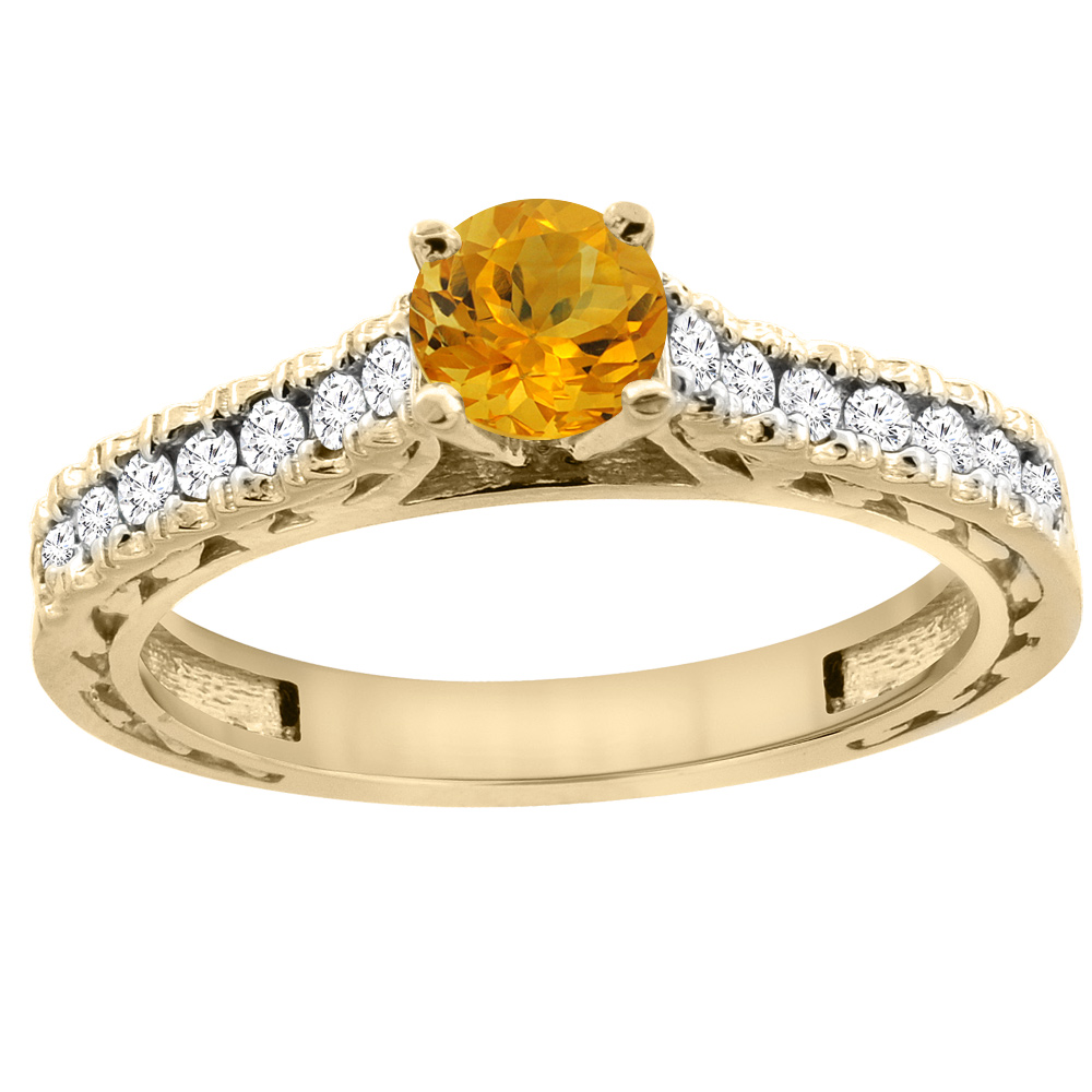 14K Yellow Gold Natural Citrine Round 5mm Engraved Engagement Ring Diamond Accents, sizes 5 - 10