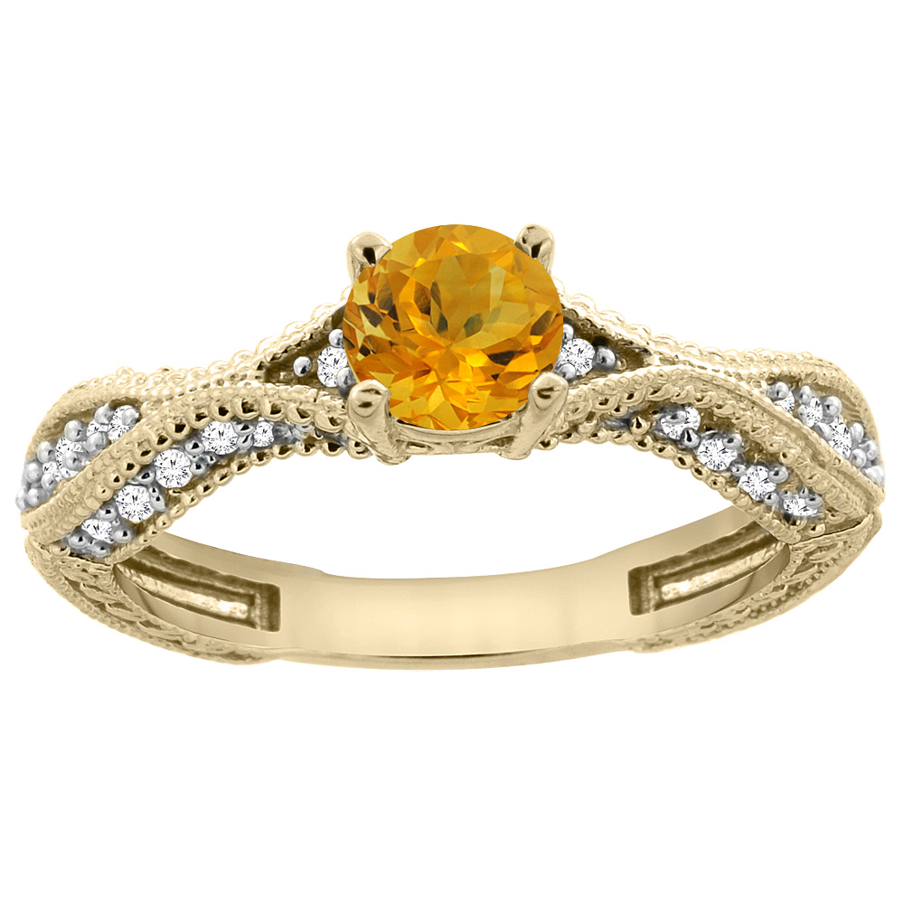 14K Yellow Gold Natural Citrine Round 5mm Engraved Engagement Ring Diamond Accents, sizes 5 - 10