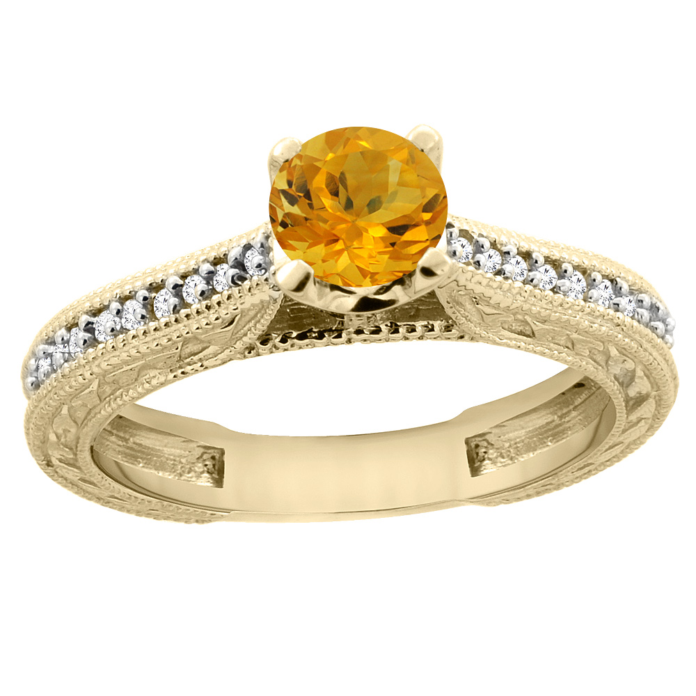 14K Yellow Gold Natural Citrine Round 5mm Engraved Engagement Ring Diamond Accents, sizes 5 - 10