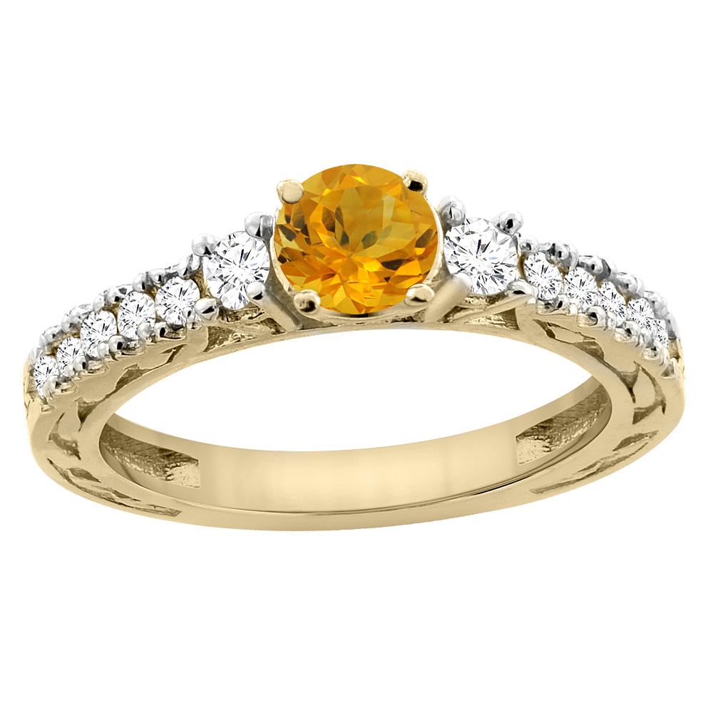 14K Yellow Gold Natural Citrine Round 6mm Engraved Engagement Ring Diamond Accents, sizes 5 - 10