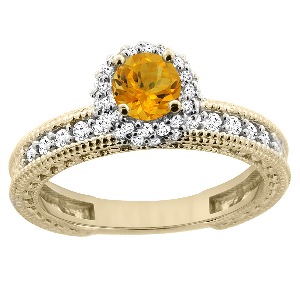 14K Yellow Gold Natural Citrine Round 5mm Engagement Ring Diamond Accents, sizes 5 - 10