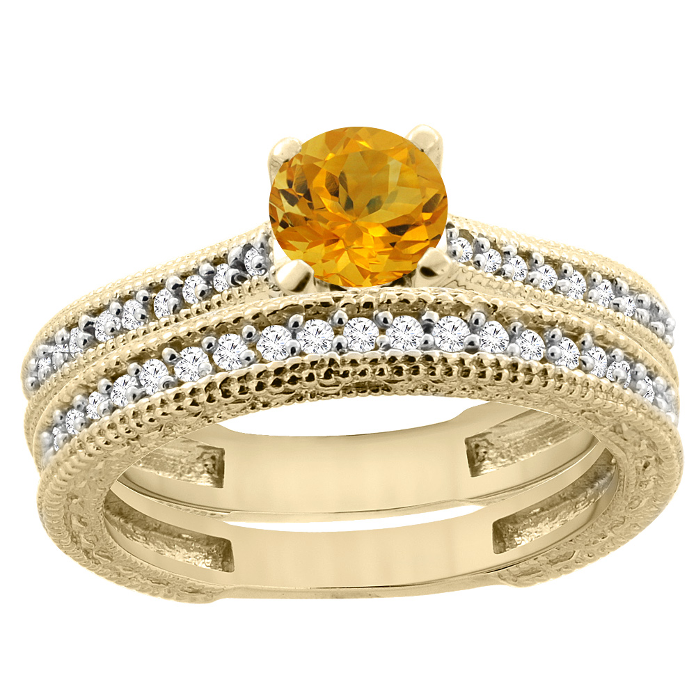 14K Yellow Gold Natural Citrine Round 5mm Engraved Engagement Ring 2-piece Set Diamond Accents, sizes 5 - 10