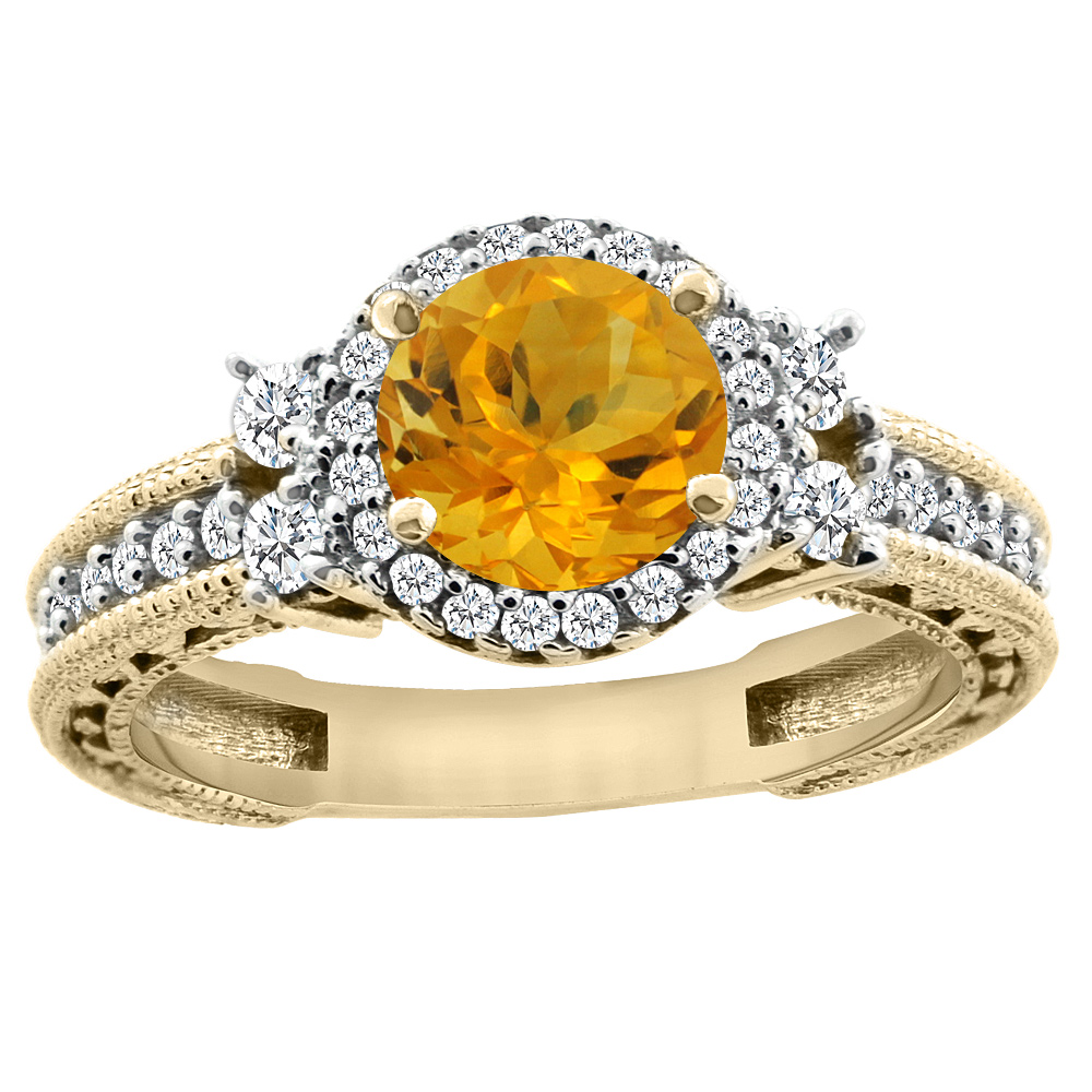 14K Yellow Gold Natural Citrine Halo Engagement Ring Round 6mm Diamond Accents, sizes 5 - 10