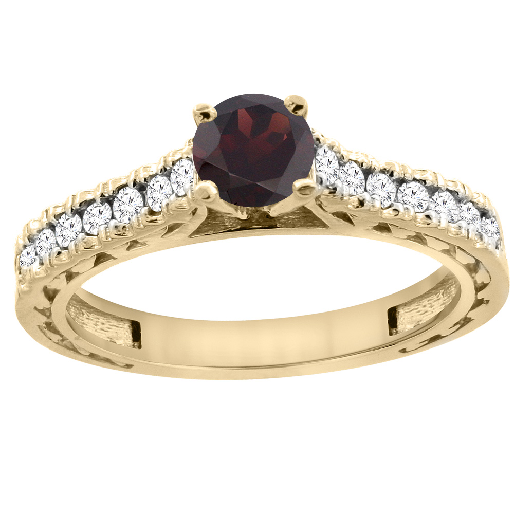 14K Yellow Gold Natural Garnet Round 5mm Engraved Engagement Ring Diamond Accents, sizes 5 - 10