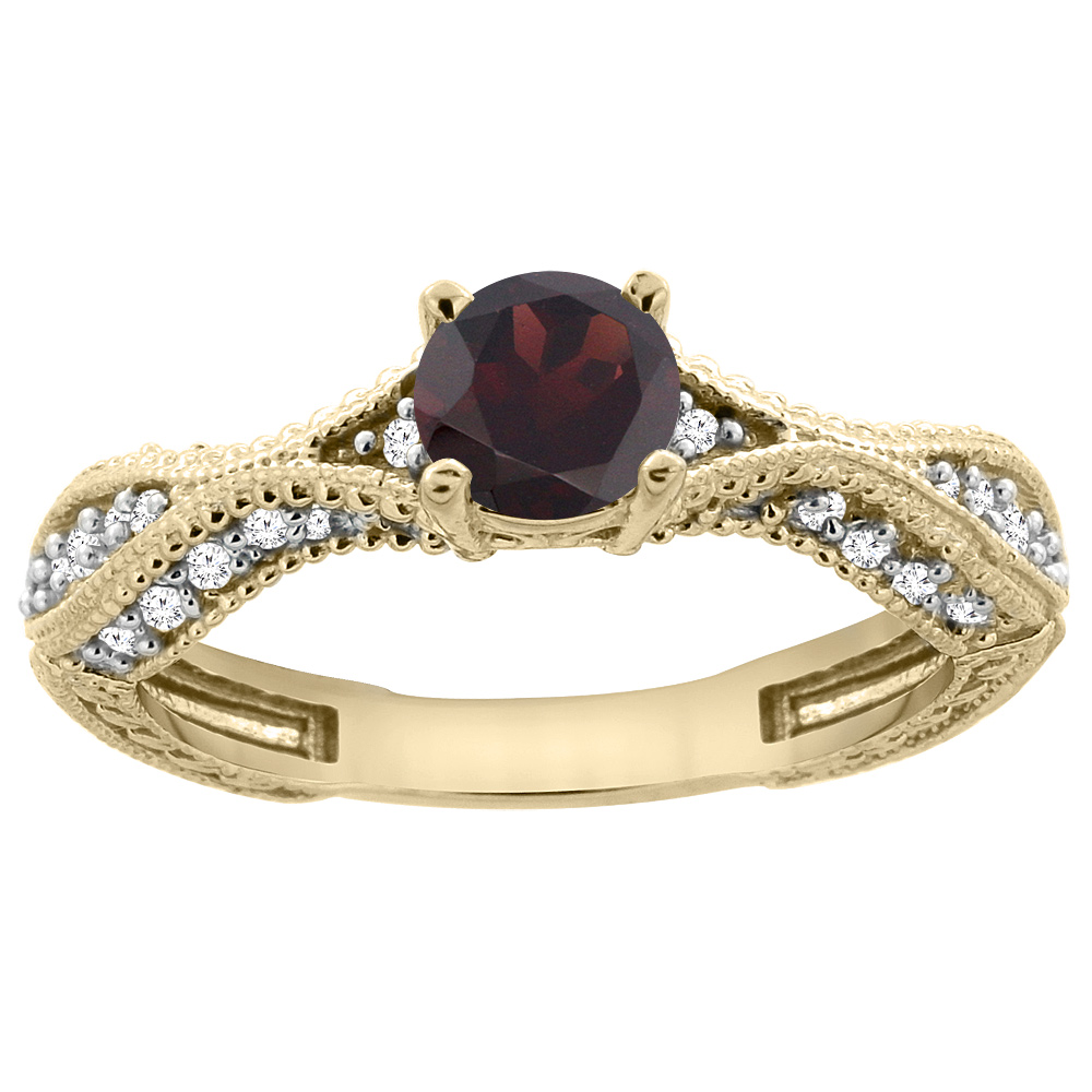 14K Yellow Gold Natural Garnet Round 5mm Engraved Engagement Ring Diamond Accents, sizes 5 - 10