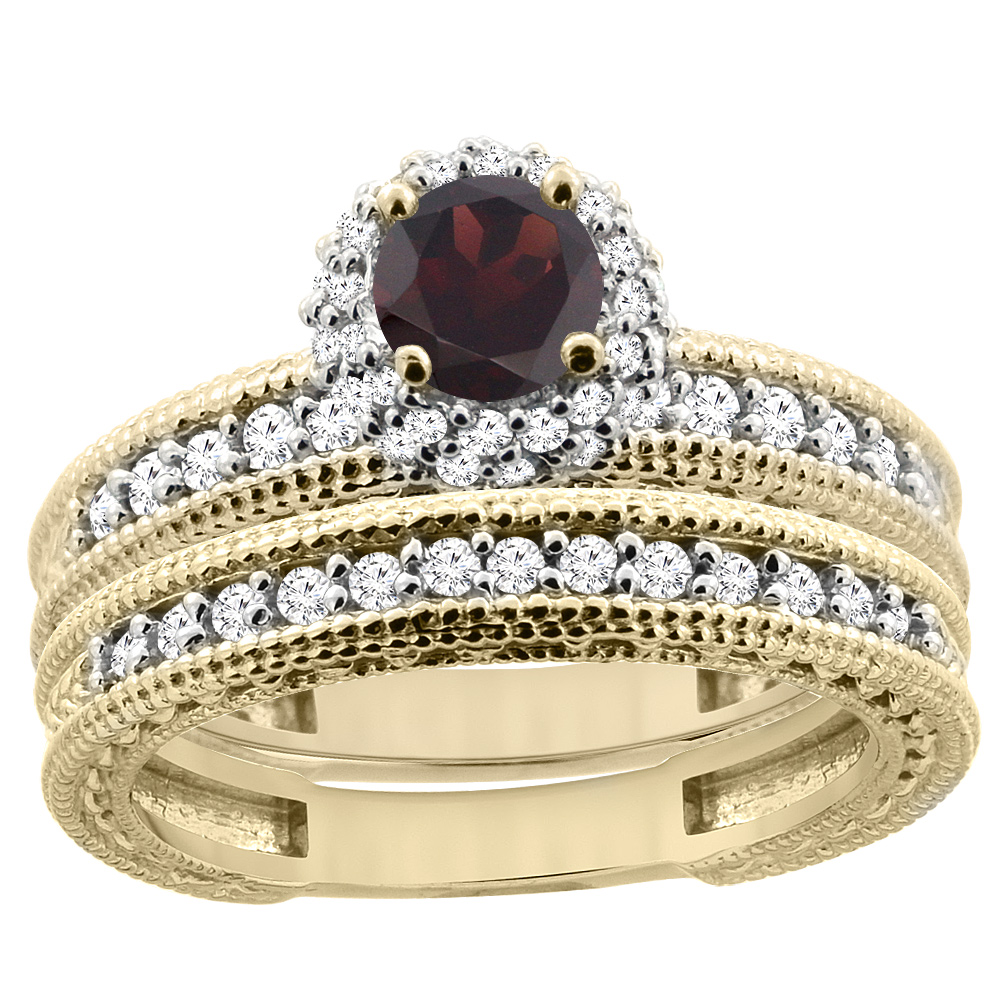 14K Yellow Gold Diamond Natural Garnet Round 4mm Engagement Ring 2-piece Set, sizes 5 - 10