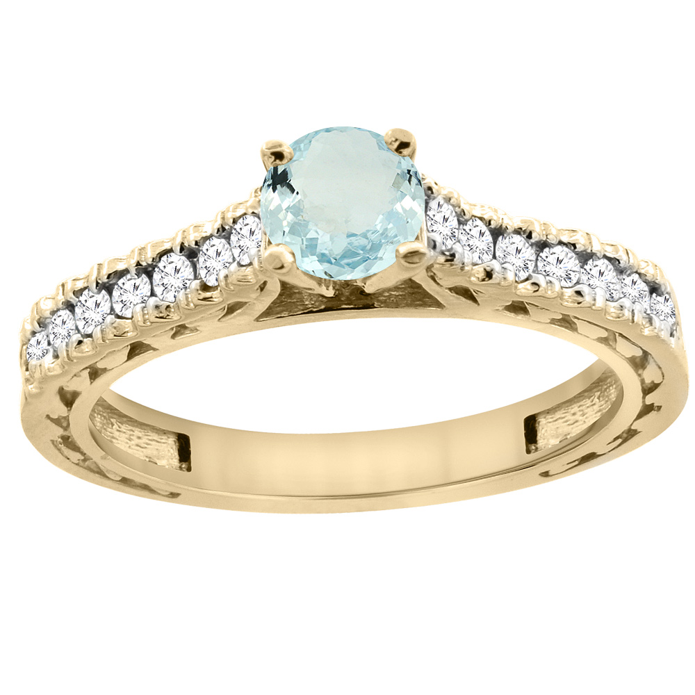 14K Yellow Gold Natural Aquamarine Round 5mm Engraved Engagement Ring Diamond Accents, sizes 5 - 10