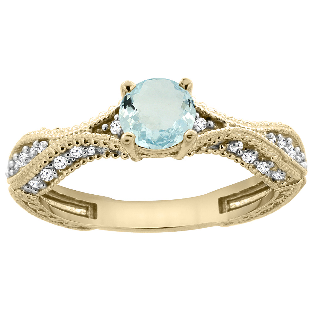 14K Yellow Gold Natural Aquamarine Round 5mm Engraved Engagement Ring Diamond Accents, sizes 5 - 10