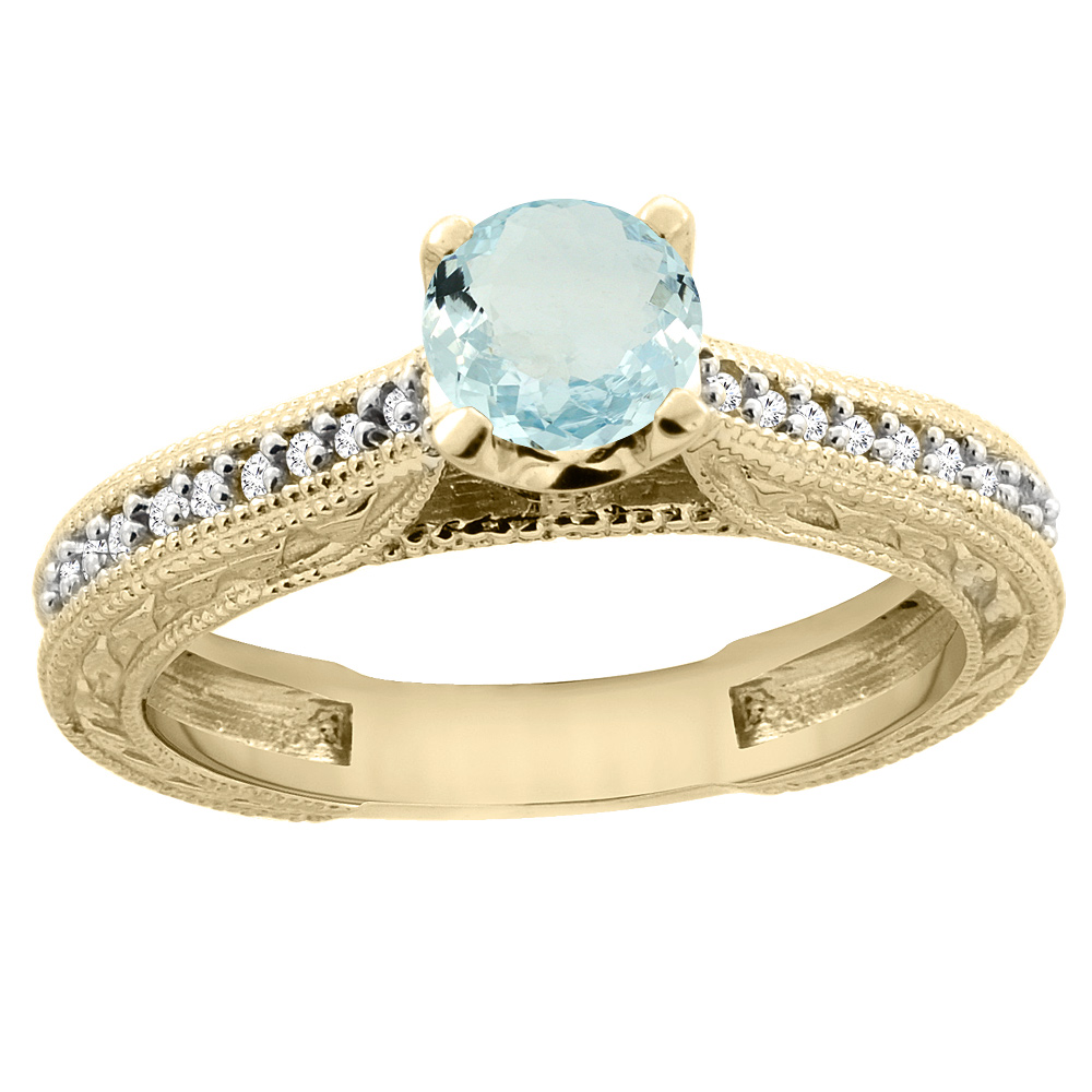 14K Yellow Gold Natural Aquamarine Round 5mm Engraved Engagement Ring Diamond Accents, sizes 5 - 10