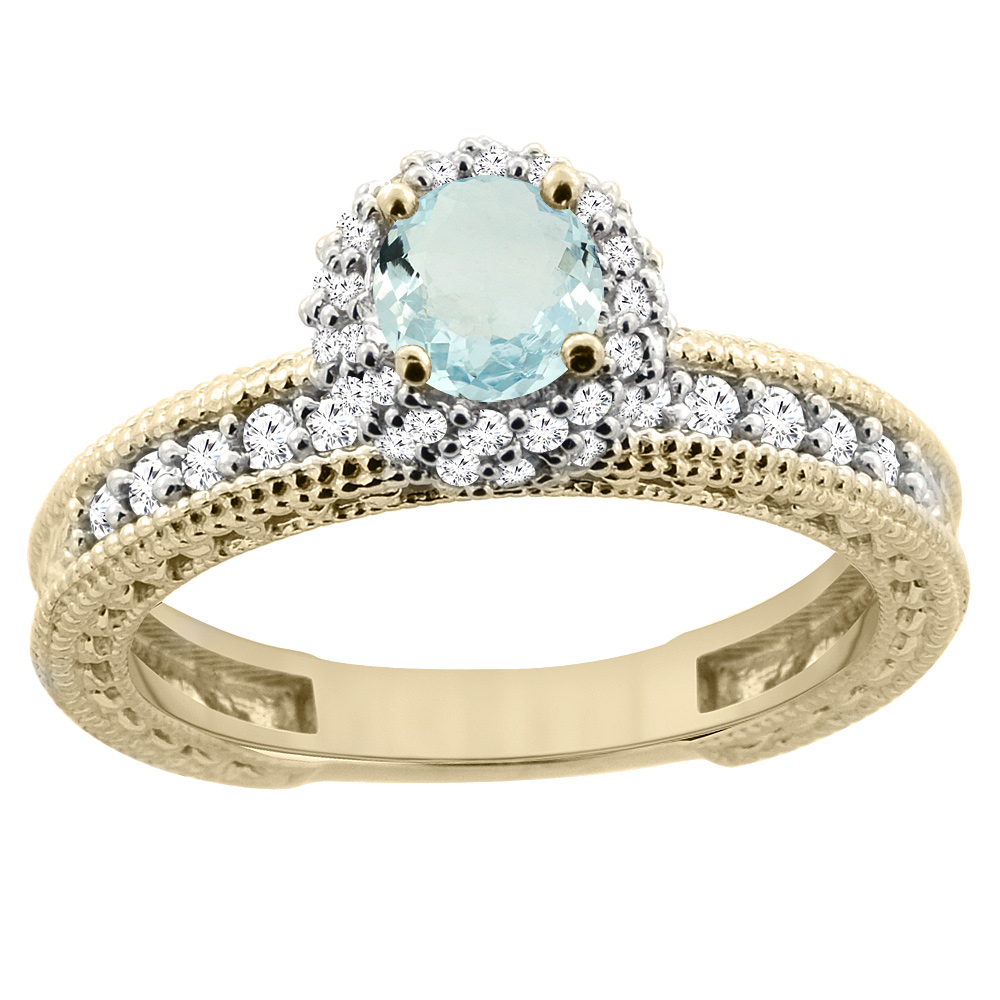 14K Yellow Gold Natural Aquamarine Round 5mm Engagement Ring Diamond Accents, sizes 5 - 10