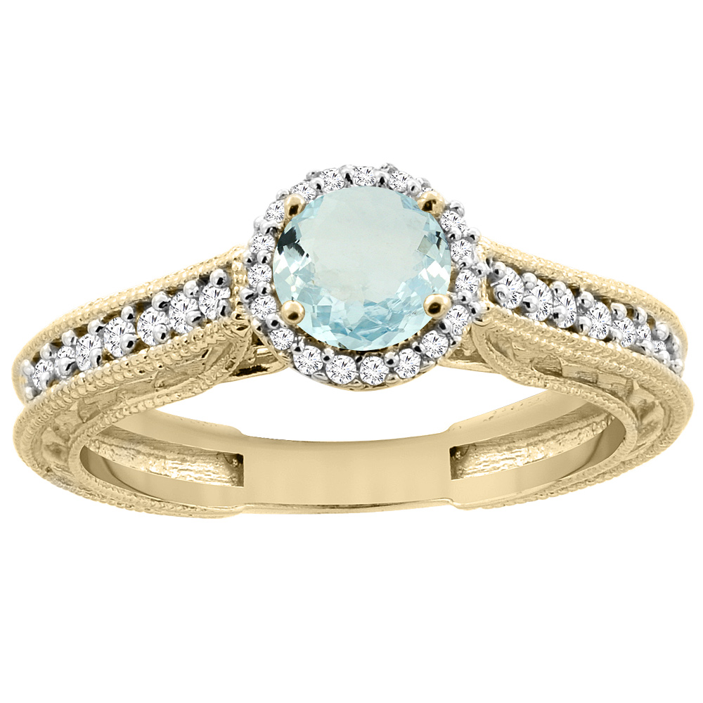 14K Yellow Gold Natural Aquamarine Round 5mm Engraved Engagement Ring Diamond Accents, sizes 5 - 10