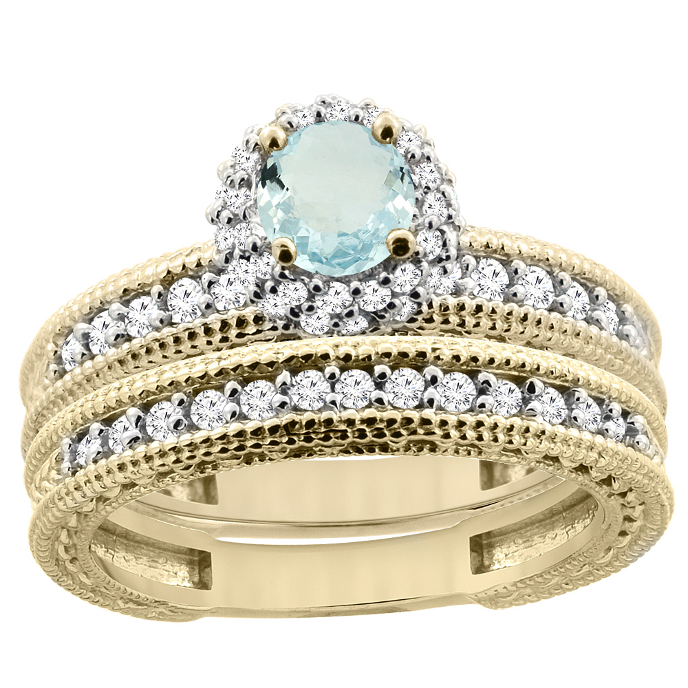 14K Yellow Gold Diamond Natural Aquamarine Round 4mm Engagement Ring 2-piece Set, sizes 5 - 10