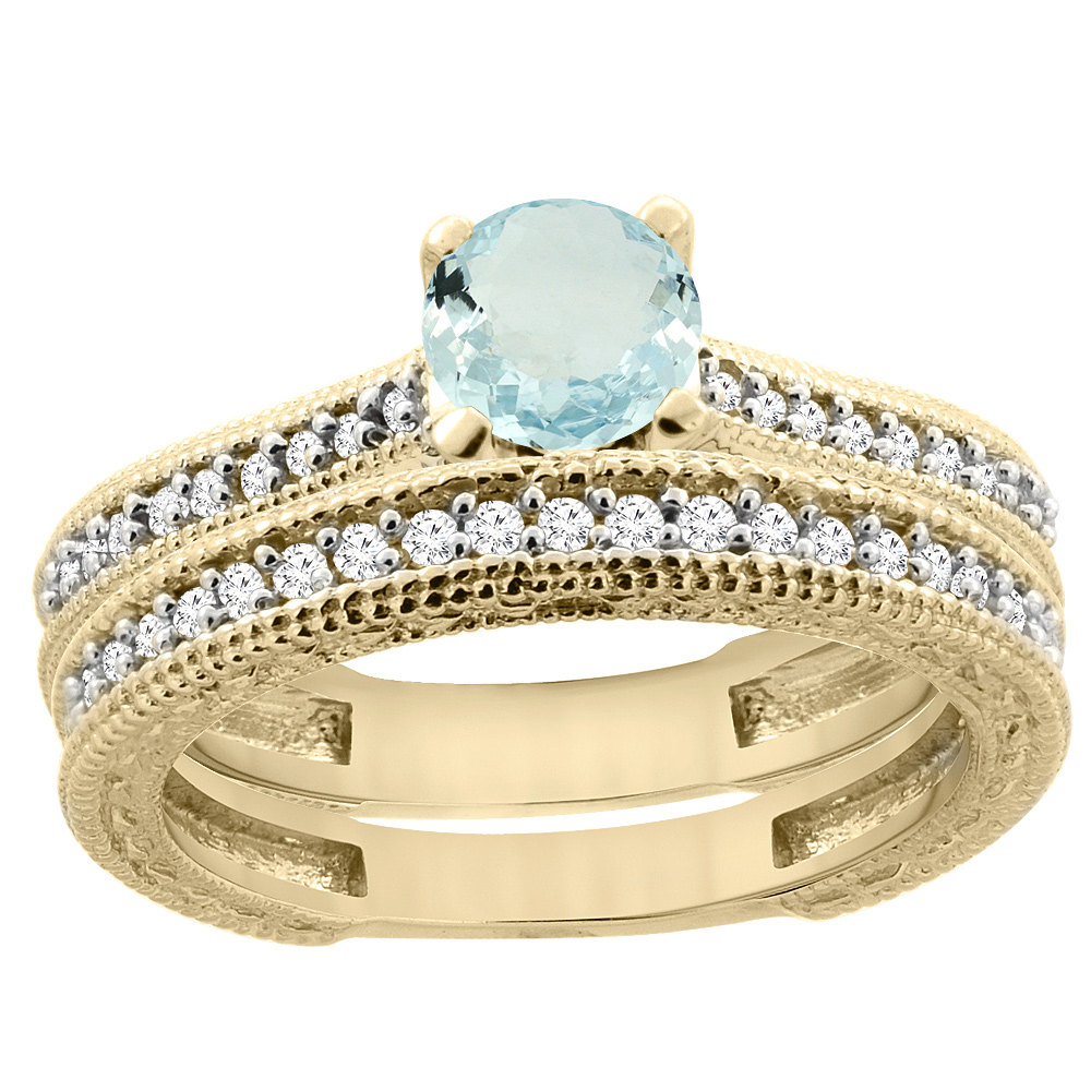 14K Yellow Gold Natural Aquamarine Round 5mm Engraved Engagement Ring 2-piece Set Diamond Accents, sizes 5 - 10