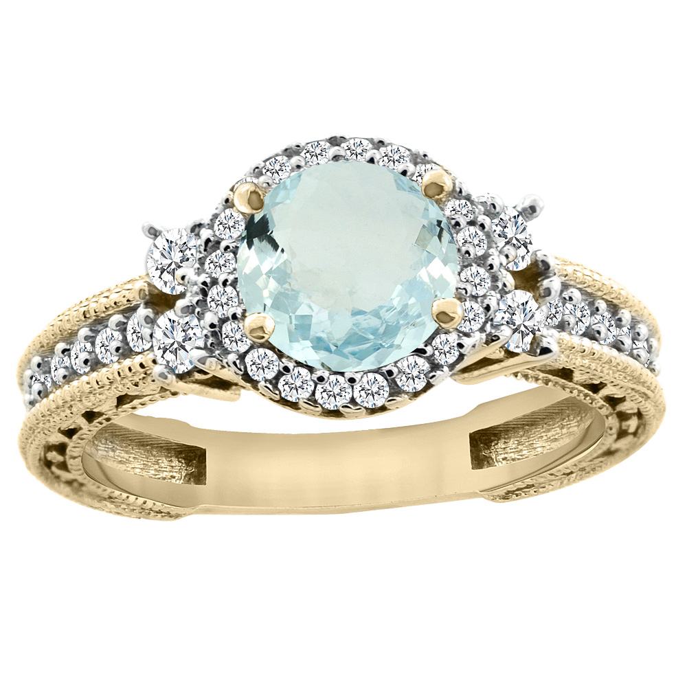 14K Yellow Gold Natural Aquamarine Halo Engagement Ring Round 6mm Diamond Accents, sizes 5 - 10