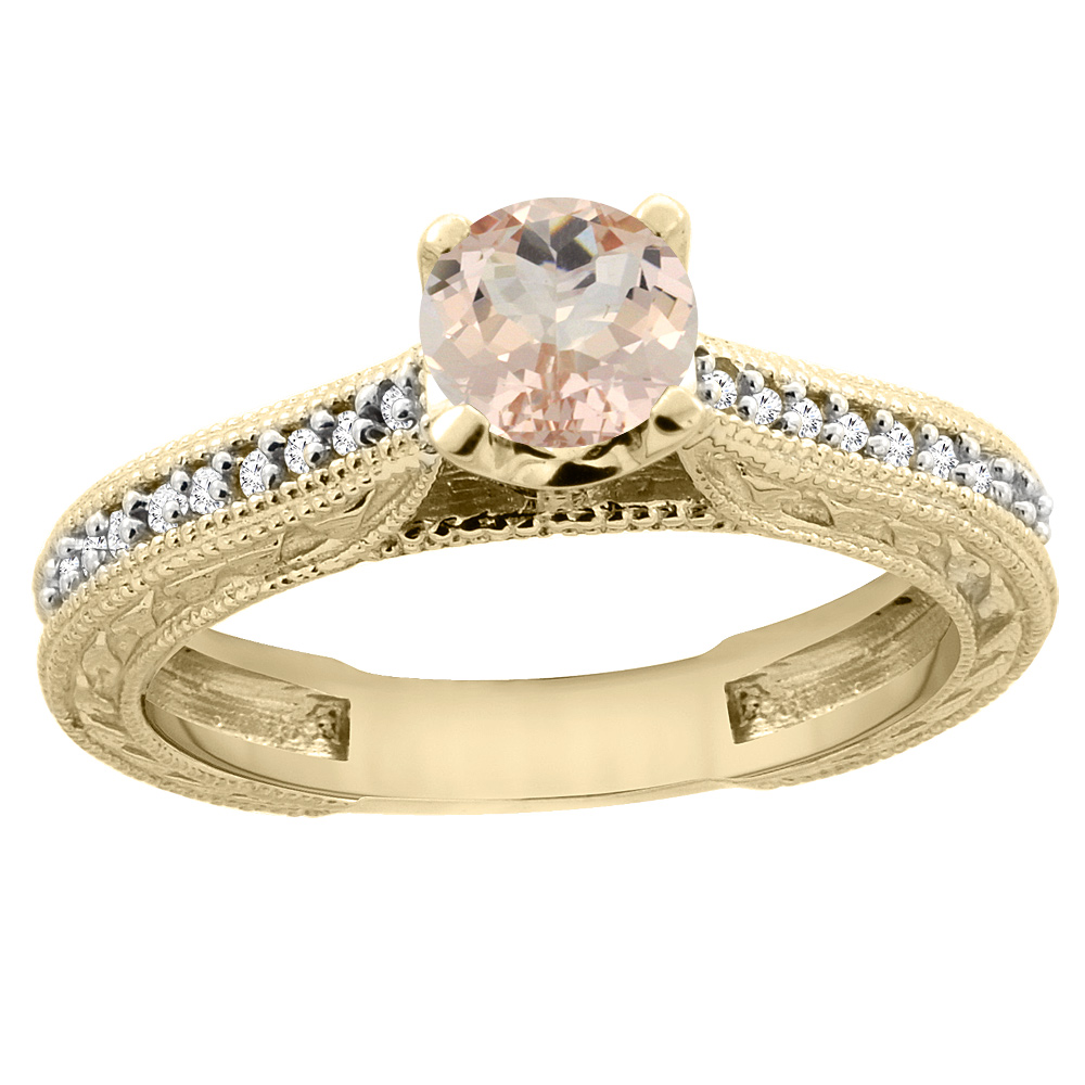 14K Yellow Gold Natural Morganite Round 5mm Engraved Engagement Ring Diamond Accents, sizes 5 - 10