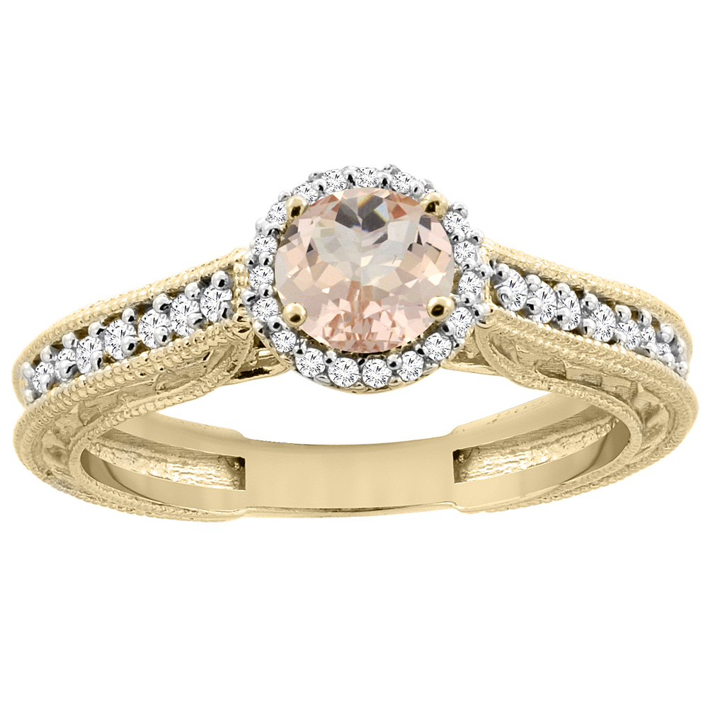 14K Yellow Gold Natural Morganite Round 5mm Engraved Engagement Ring Diamond Accents, sizes 5 - 10