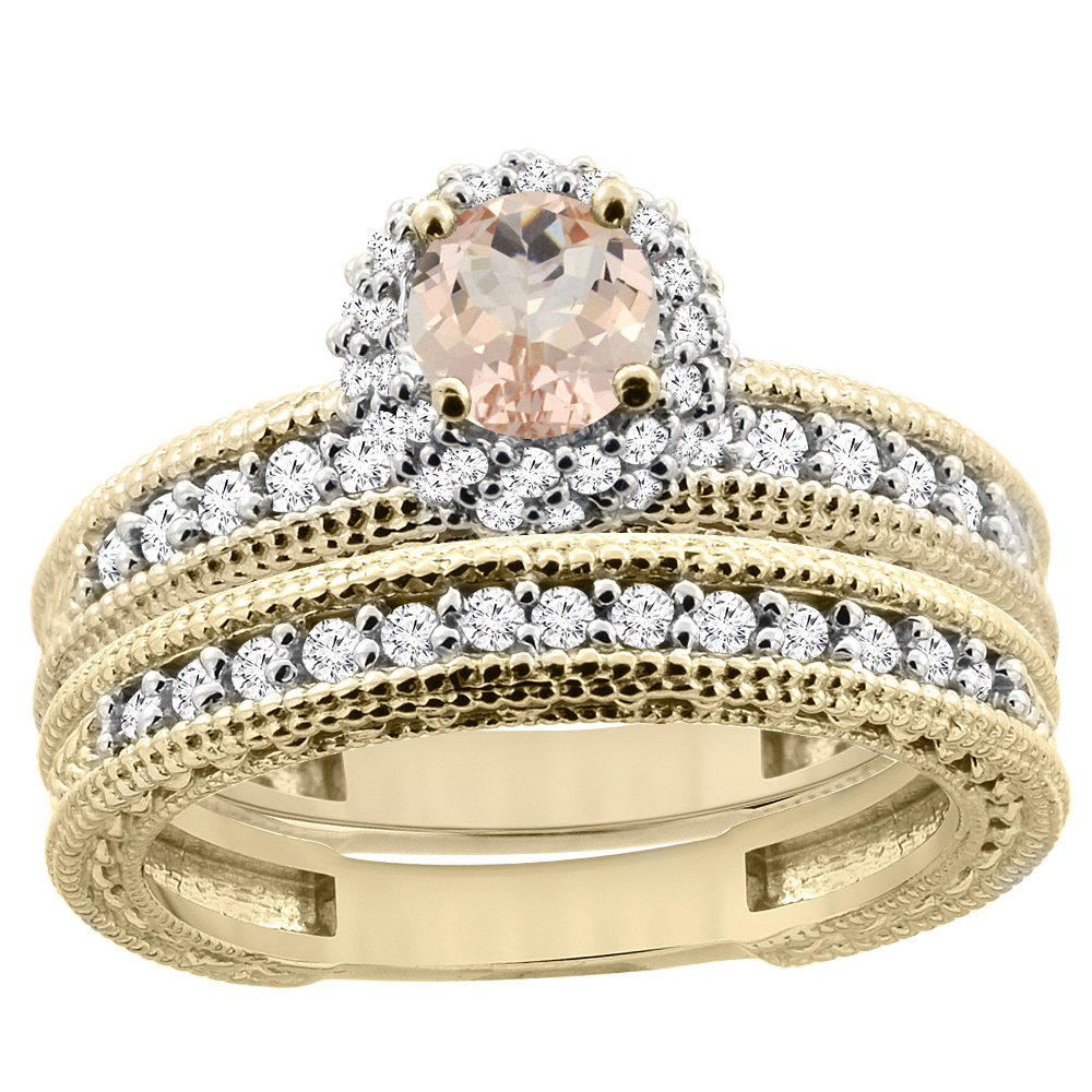 14K Yellow Gold Diamond Natural Morganite Round 4mm Engagement Ring 2-piece Set, sizes 5 - 10