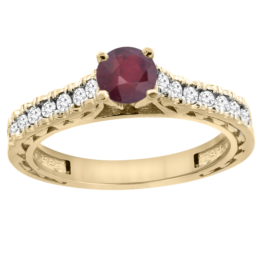 14K Yellow Gold Natural Enhanced Ruby Round 5mm Engraved Engagement Ring Diamond Accents, sizes 5 - 10