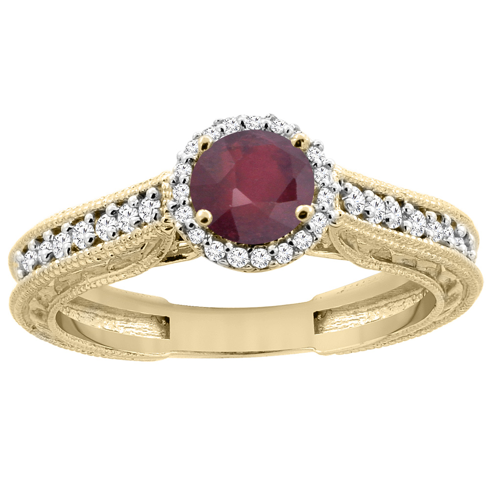 14K Yellow Gold Natural Enhanced Ruby Round 5mm Engraved Engagement Ring Diamond Accents, sizes 5 - 10