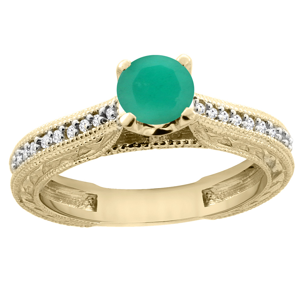 14K Yellow Gold Natural Emerald Round 5mm Engraved Engagement Ring Diamond Accents, sizes 5 - 10