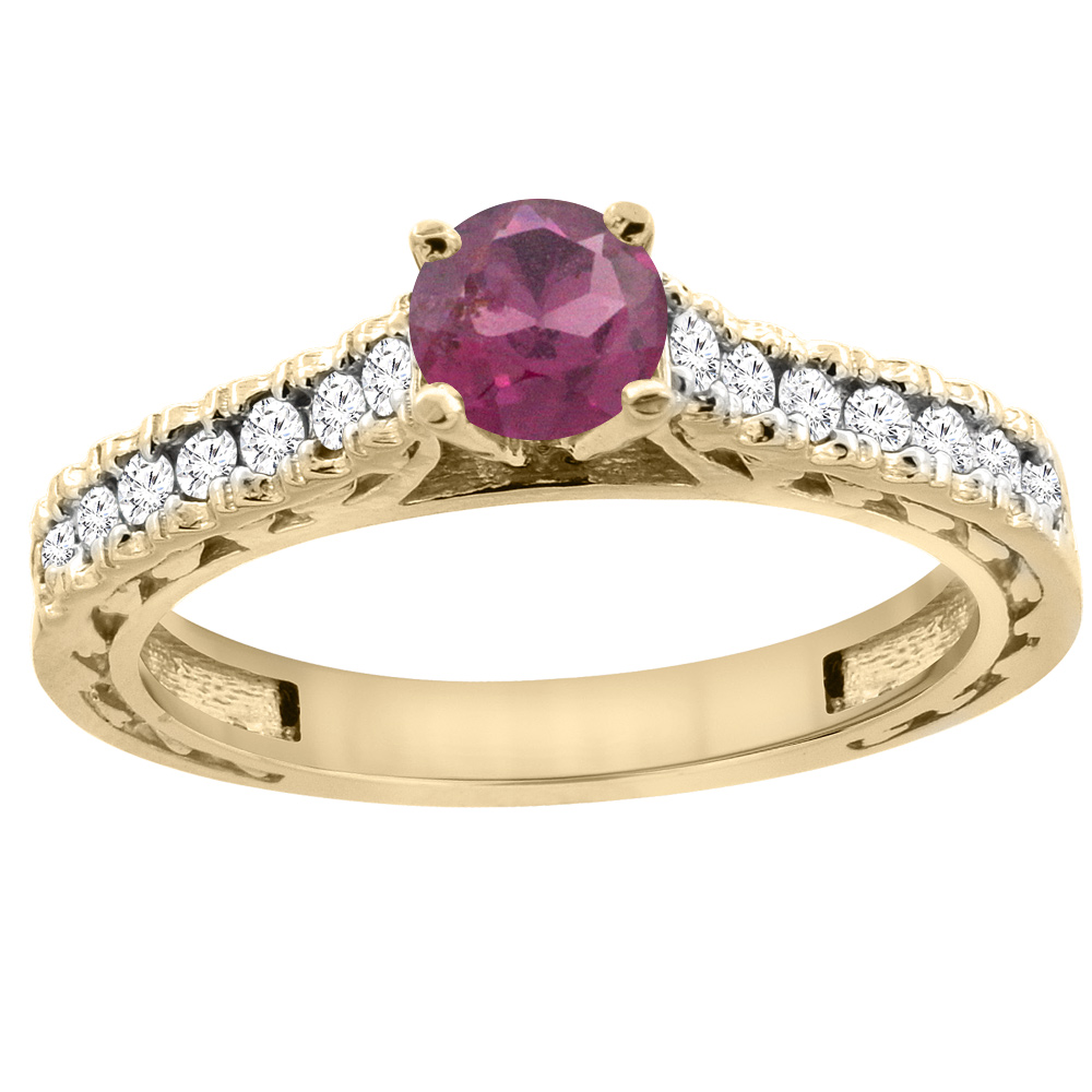 14K Yellow Gold Natural Rhodolite Round 5mm Engraved Engagement Ring Diamond Accents, sizes 5 - 10