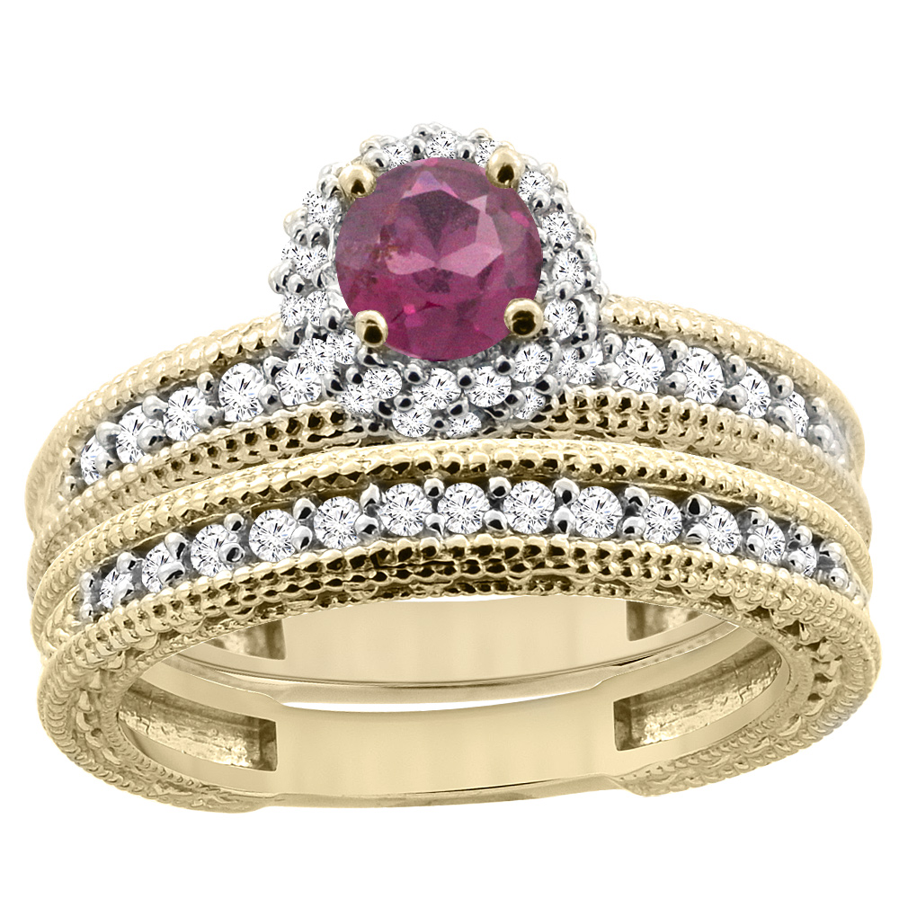 14K Yellow Gold Diamond Natural Rhodolite Round 4mm Engagement Ring 2-piece Set, sizes 5 - 10