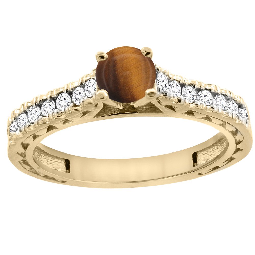 14K Yellow Gold Natural Tiger Eye Round 5mm Engraved Engagement Ring Diamond Accents, sizes 5 - 10