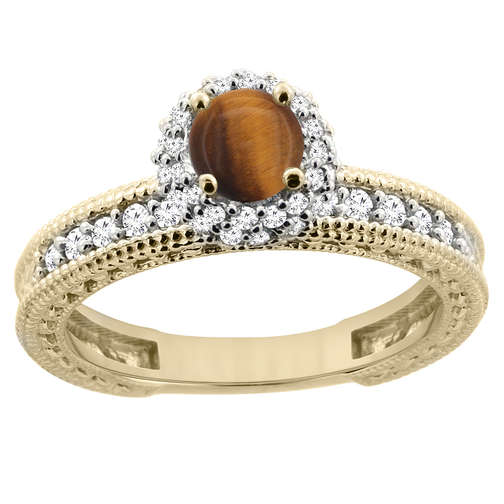 14K Yellow Gold Natural Tiger Eye Round 5mm Engagement Ring Diamond Accents, sizes 5 - 10
