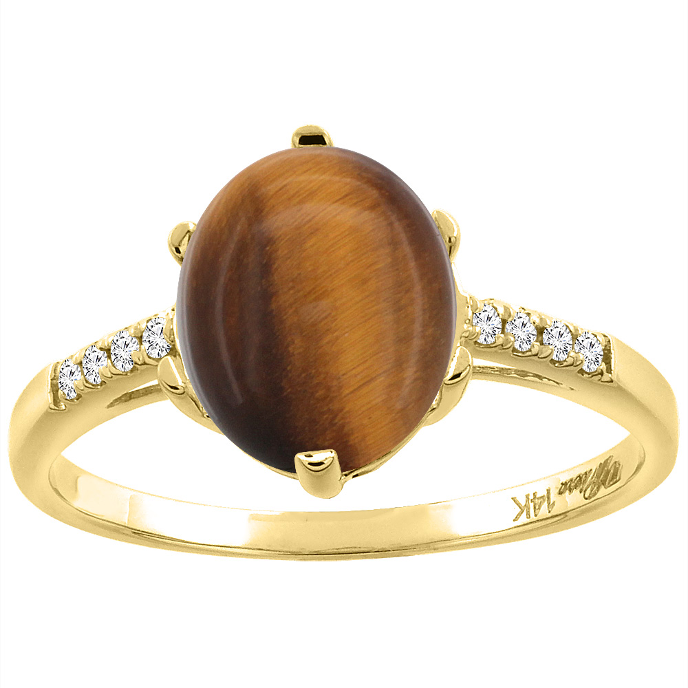 14K Yellow Gold Natural Tiger Eye & Diamond Ring Oval 10x8 mm, sizes 5-10