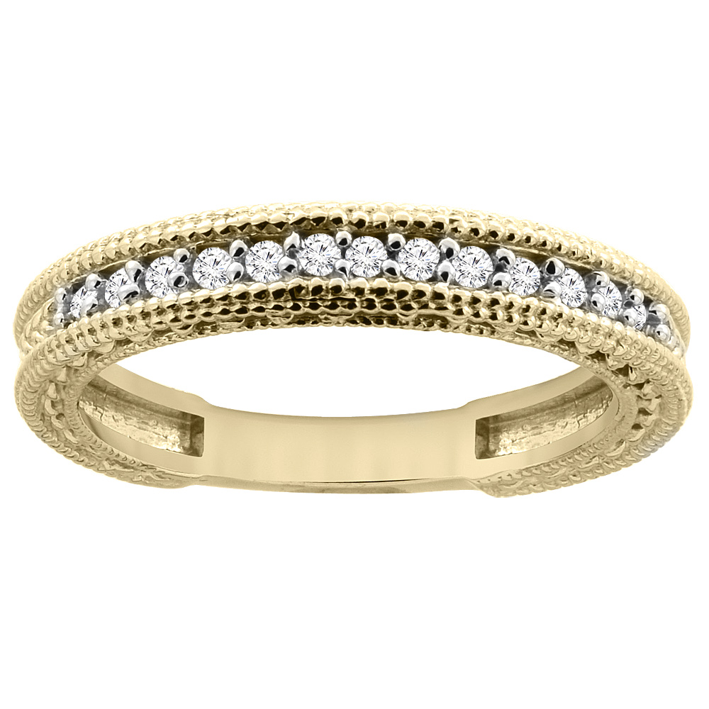 14K Yellow Gold Diamond Wedding Band Engraved Ring Half Eternity, sizes 5 - 10