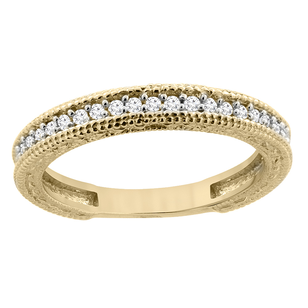 14K Yellow Gold Diamond Wedding Band Engraved Ring Half Eternity, sizes 5 - 10