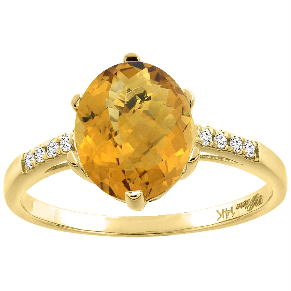 14K Yellow Gold Natural Whisky Quartz &amp; Diamond Ring Oval 10x8 mm, sizes 5-10