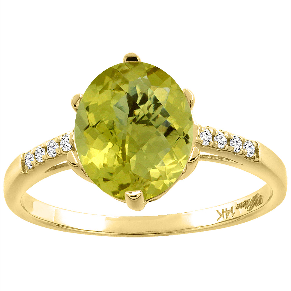 14K Yellow Gold Natural Lemon Quartz &amp; Diamond Ring Oval 10x8 mm, sizes 5-10