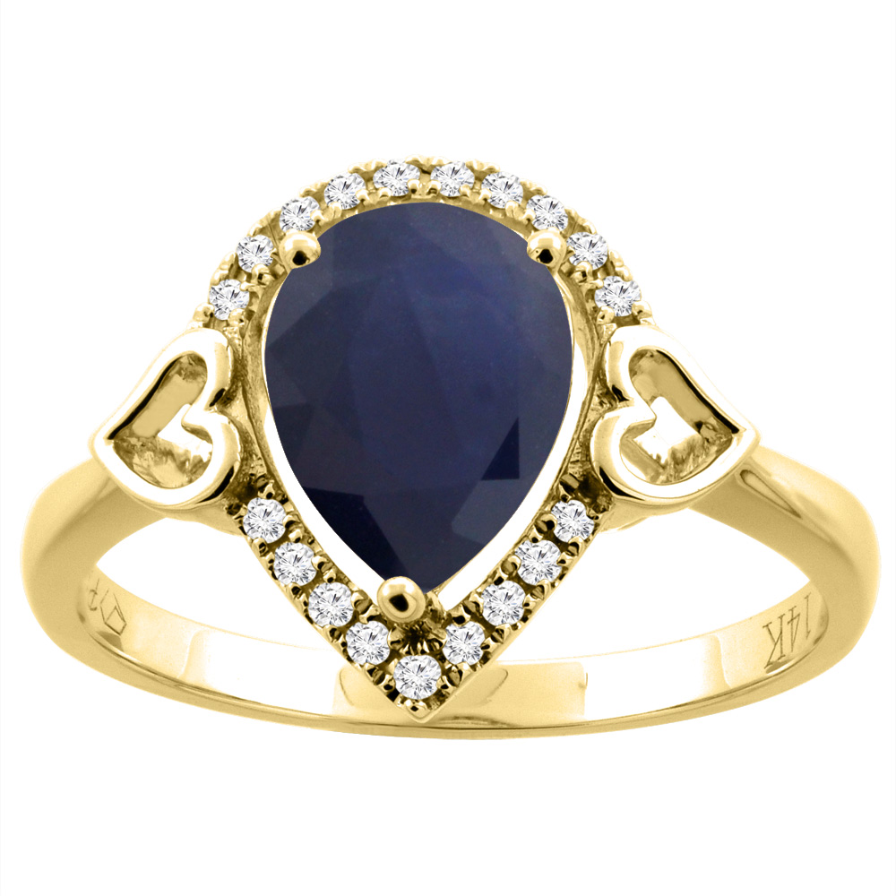 14K Gold Natural Diffused Ceylon Sapphire Ring Pear Shape 9x7 mm Diamond Accents, sizes 5 - 10
