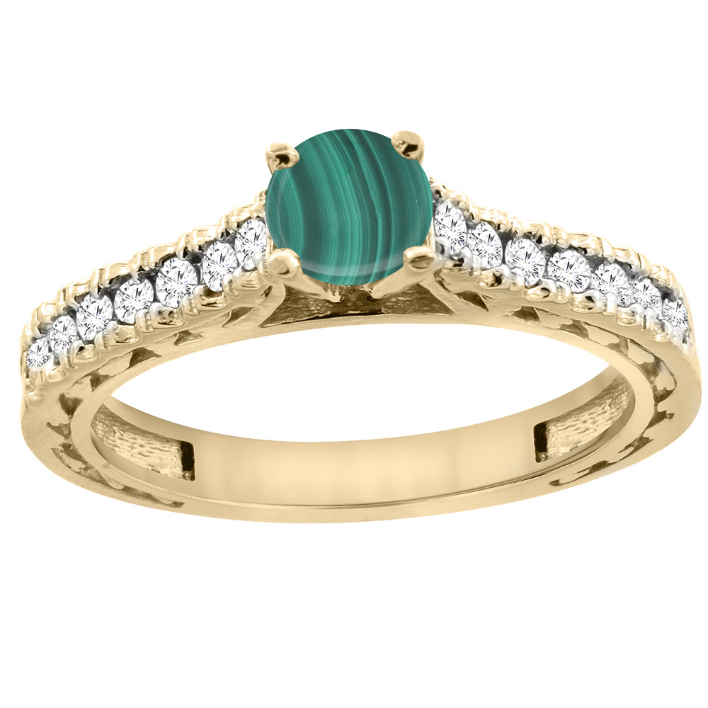 14K Yellow Gold Natural Malachite Round 5mm Engraved Engagement Ring Diamond Accents, sizes 5 - 10