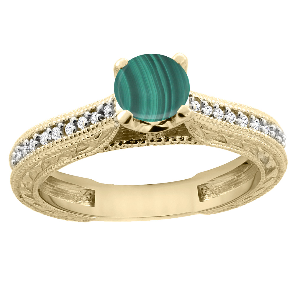 14K Yellow Gold Natural Malachite Round 5mm Engraved Engagement Ring Diamond Accents, sizes 5 - 10