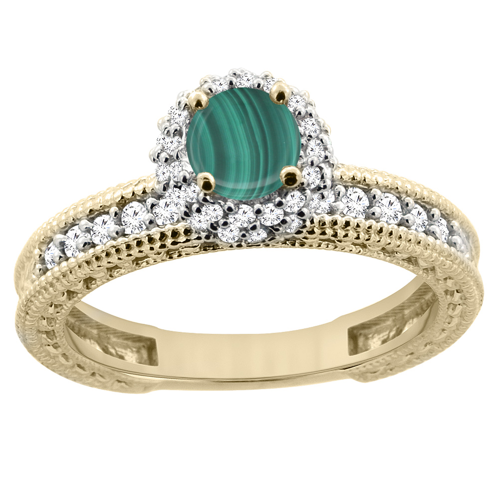 14K Yellow Gold Natural Malachite Round 5mm Engagement Ring Diamond Accents, sizes 5 - 10