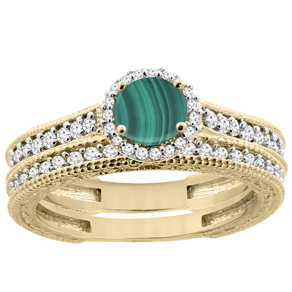 14K Yellow Gold Natural Malachite Round 5mm Engagement Ring 2-piece Set Diamond Accents, sizes 5 - 10