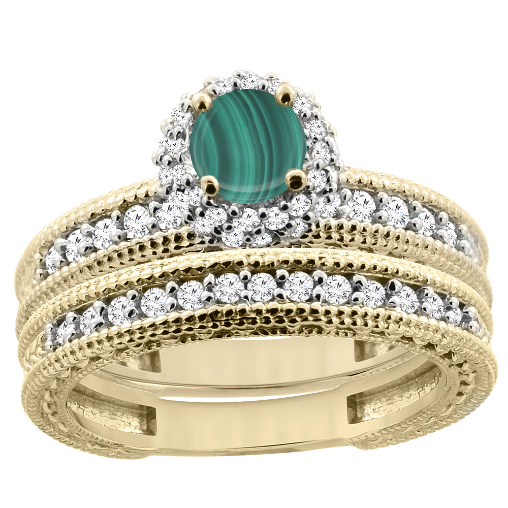 14K Yellow Gold Diamond Natural Malachite Round 4mm Engagement Ring 2-piece Set, sizes 5 - 10