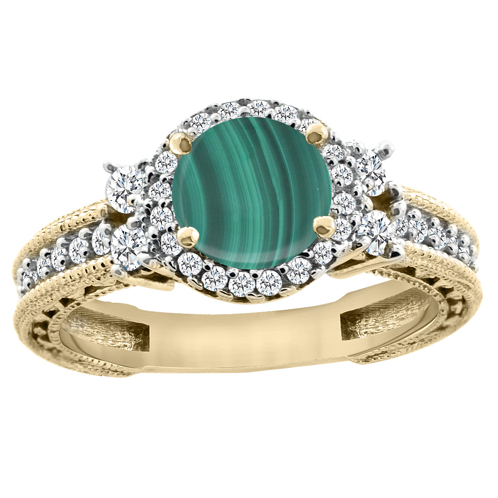 14K Yellow Gold Natural Malachite Halo Engagement Ring Round 6mm Diamond Accents, sizes 5 - 10