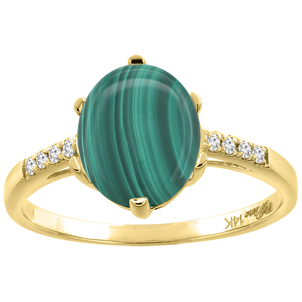 14K Yellow Gold Natural Malachite &amp; Diamond Ring Oval 10x8 mm, sizes 5-10