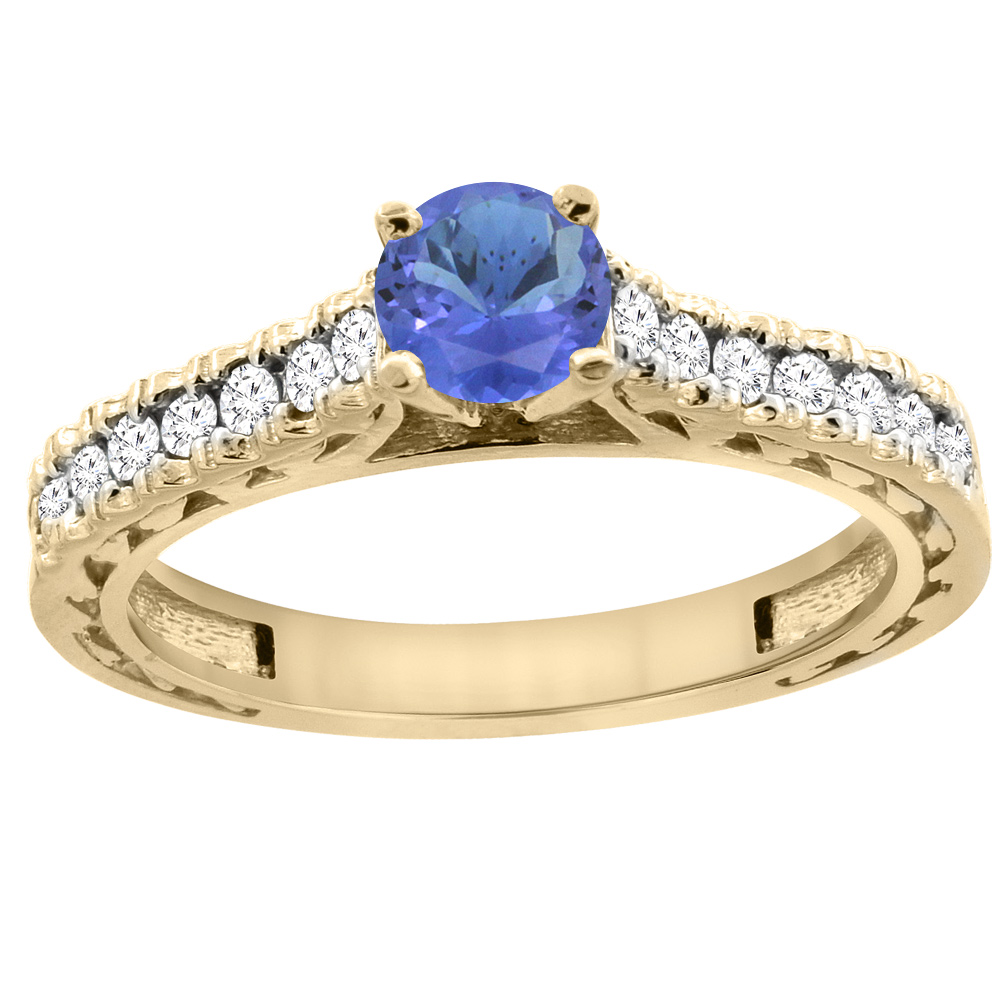 14K Yellow Gold Natural Tanzanite Round 5mm Engraved Engagement Ring Diamond Accents, sizes 5 - 10