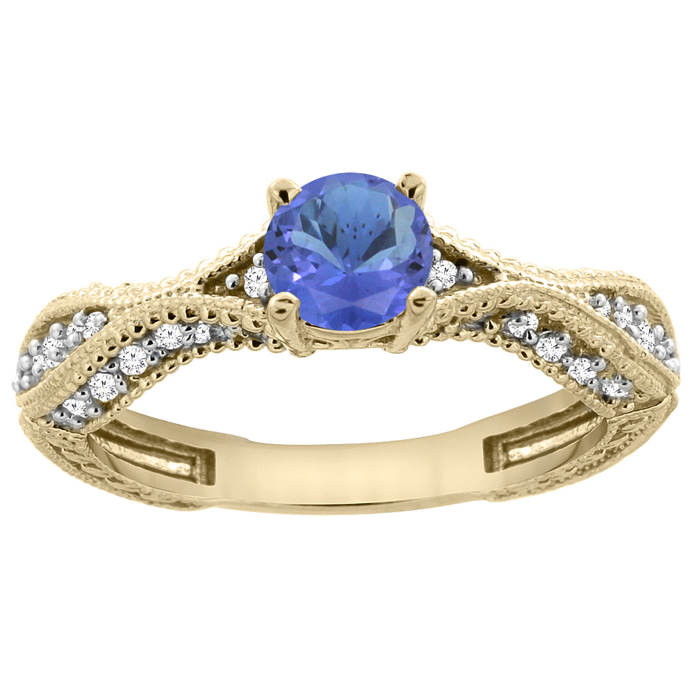 14K Yellow Gold Natural Tanzanite Round 5mm Engraved Engagement Ring Diamond Accents, sizes 5 - 10