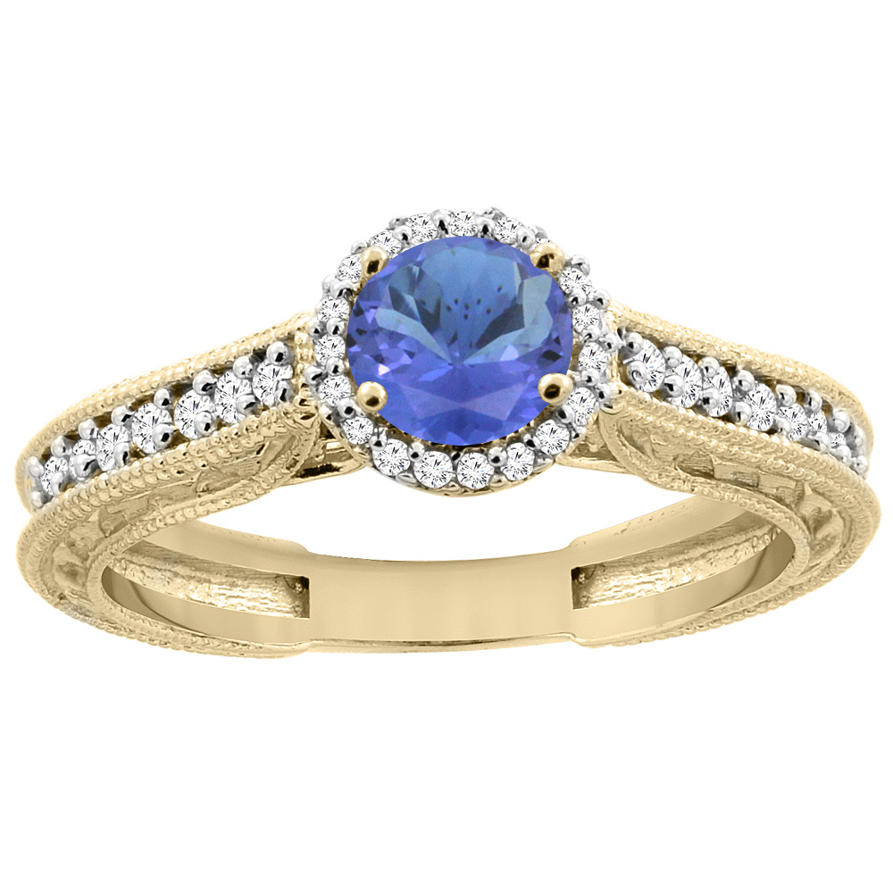 14K Yellow Gold Natural Tanzanite Round 5mm Engraved Engagement Ring Diamond Accents, sizes 5 - 10