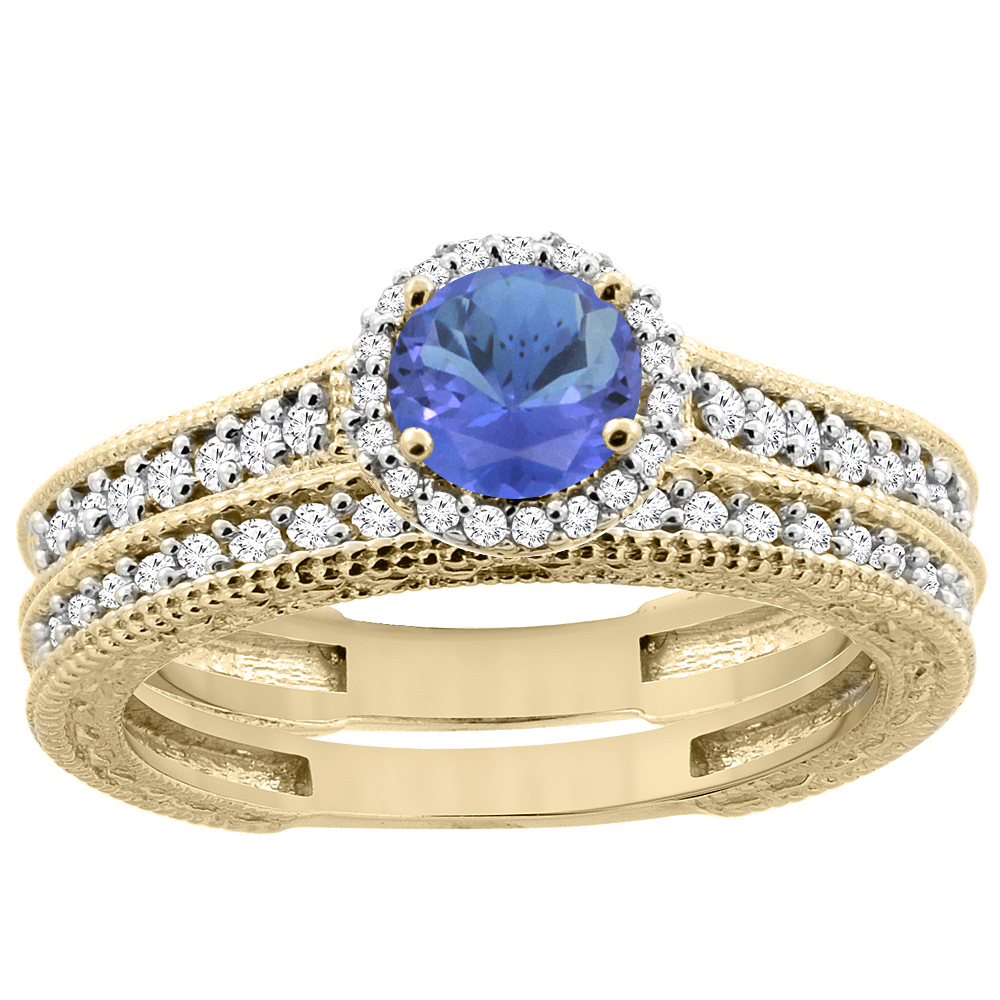 14K Yellow Gold Natural Tanzanite Round 5mm Engagement Ring 2-piece Set Diamond Accents, sizes 5 - 10