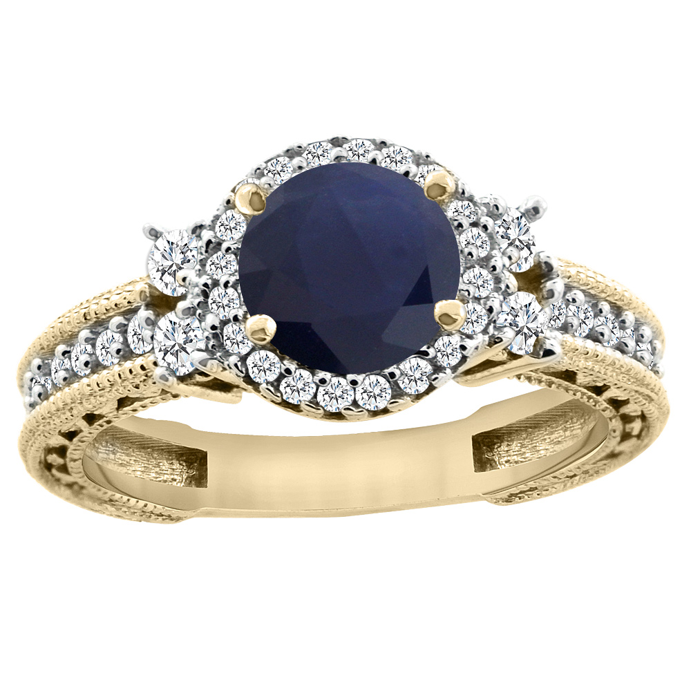 14K Yellow Gold Diamond Natural Quality Blue Sapphire Halo Engagement Ring Round 6mm, size5-10