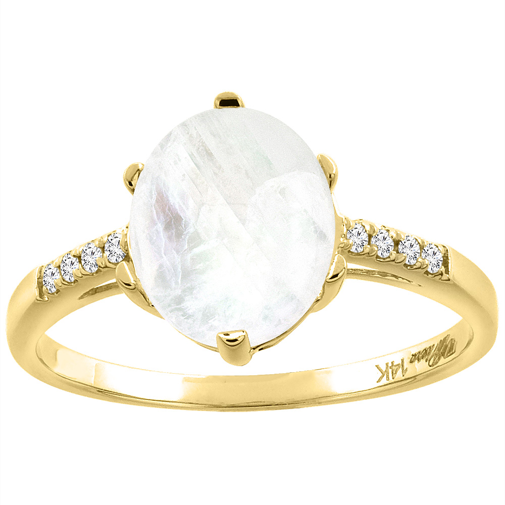 14K Yellow Gold Natural Rainbow Moonstone & Diamond Ring Oval 10x8 mm, sizes 5-10