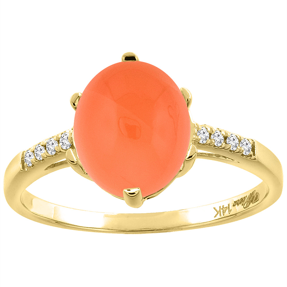 14K Yellow Gold Natural Orange Moonstone & Diamond Ring Oval 10x8 mm, sizes 5-10
