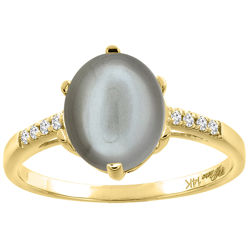 14K Yellow Gold Natural Gray Moonstone & Diamond Ring Oval 10x8 mm, sizes 5-10