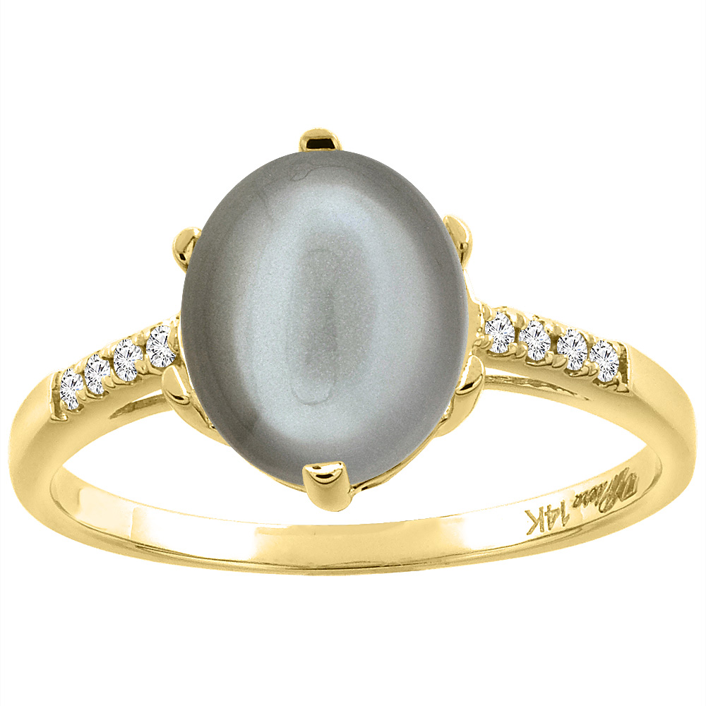 14K Yellow Gold Natural Gray Moonstone &amp; Diamond Ring Oval 10x8 mm, sizes 5-10